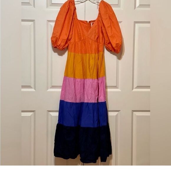 Anthropologie Farm Rio Tiered Colorblock
Puff Sleeves Fun Maxi Dress - Picture 11 of 16